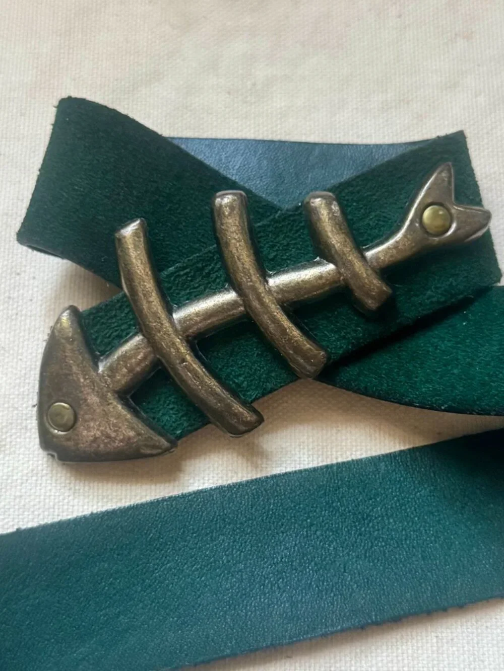 Vintage Handmade Green Leather Suede Belt with Fishbone Buckle